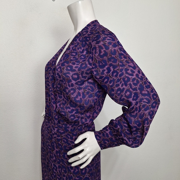 Parker Purple 100% Silk Leopard Print Mobwife Maxamalism Faux Wrap Mini Dress- S - Picture 11 of 15